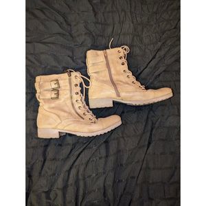 G By Guess Womens Combat Boots Khaki Tan Laces Buckle Ankle Zip Military 8.5 M